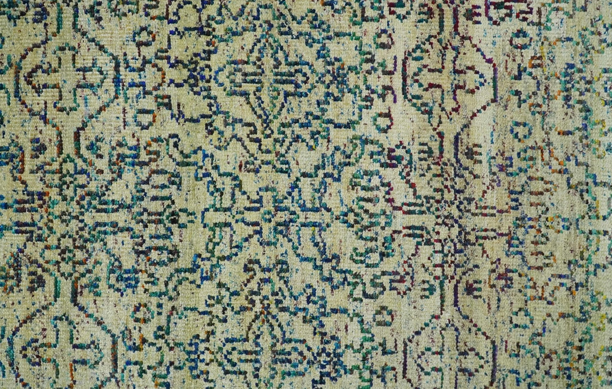 8x10 Hand Knotted Beige, Ivory and Blue Persian Recycled Silk Area Rug