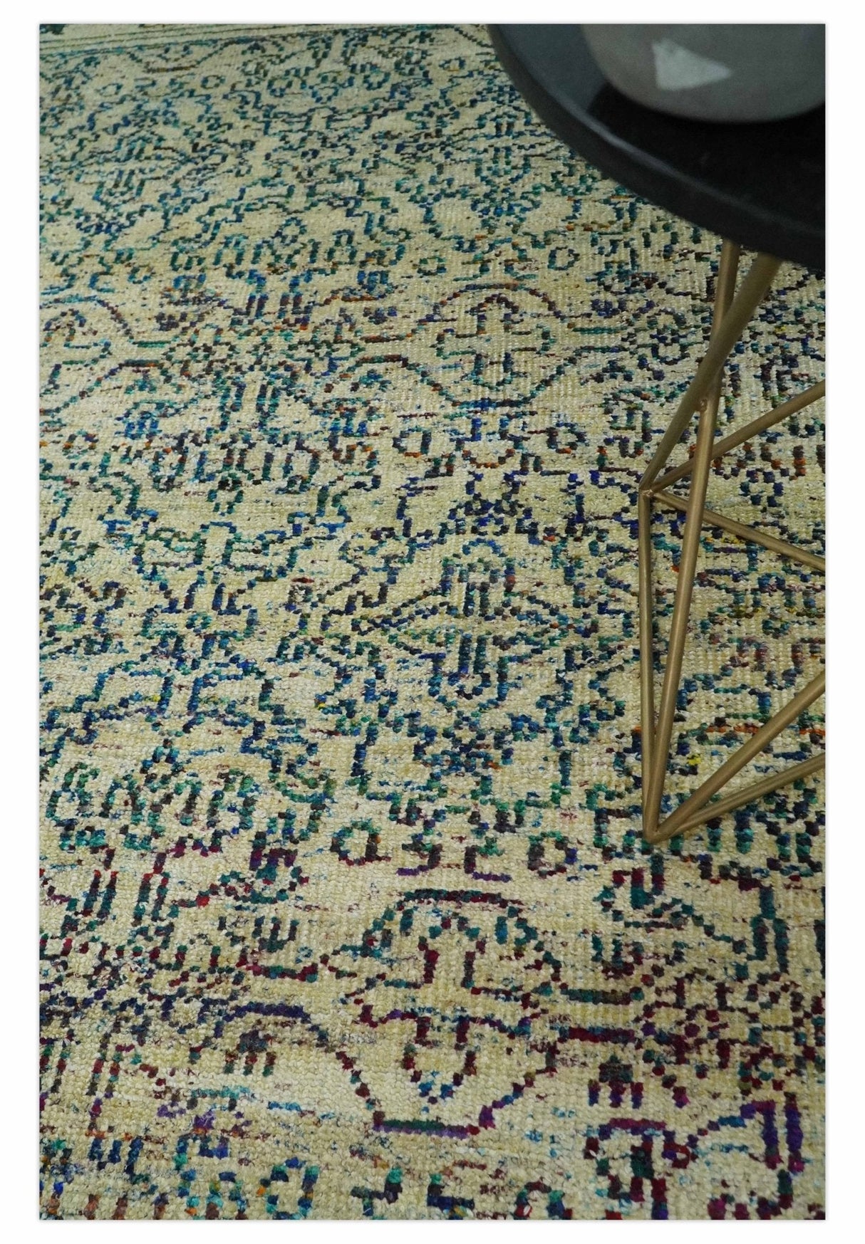 8x10 Hand Knotted Beige, Ivory and Blue Persian Recycled Silk Area Rug