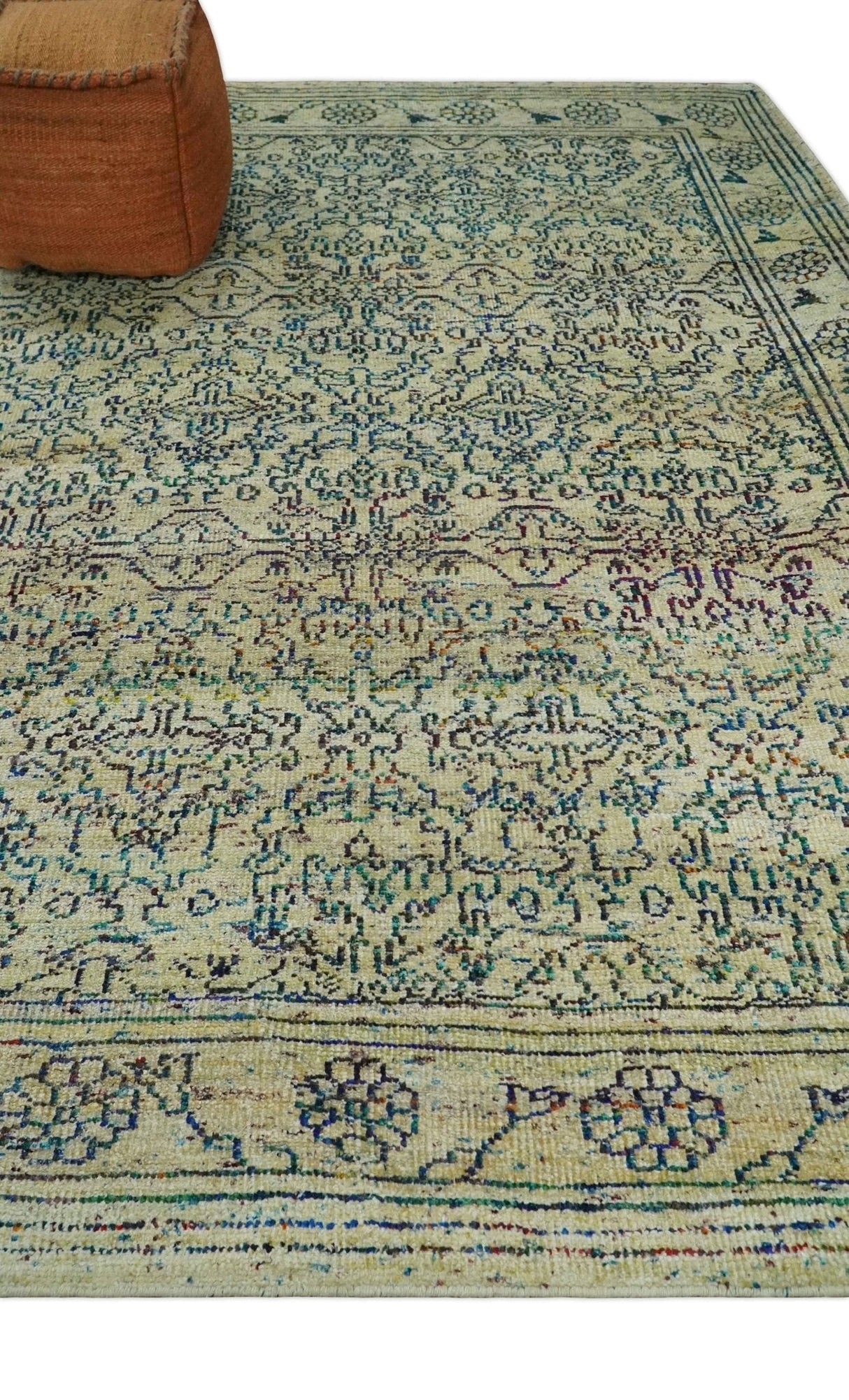 8x10 Hand Knotted Beige, Ivory and Blue Persian Recycled Silk Area Rug