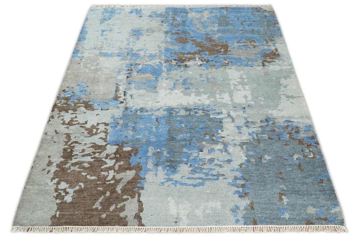 8x10 Hand Knotted Blue and Silver Modern Abstract Low Pile Wool Rug