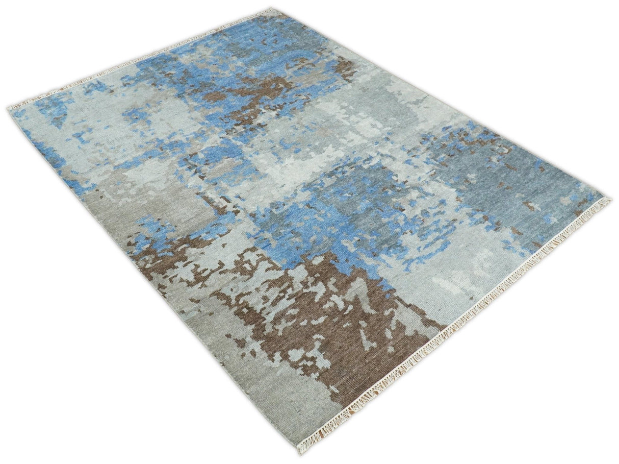 8x10 Hand Knotted Blue and Silver Modern Abstract Low Pile Wool Rug