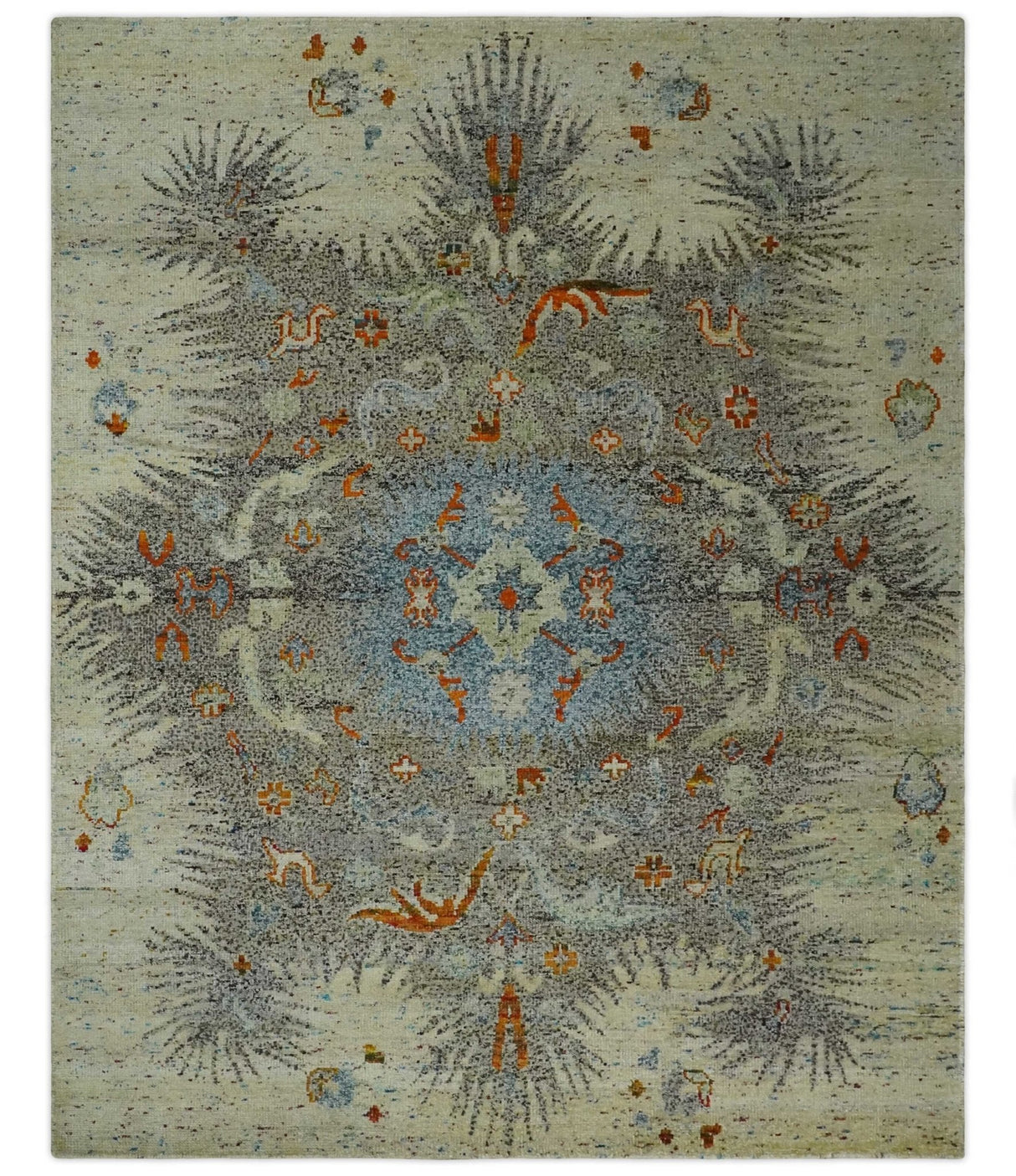 8x10 Hand Knotted Blue, Silver and Beige Persian Recycled Silk Area Rug