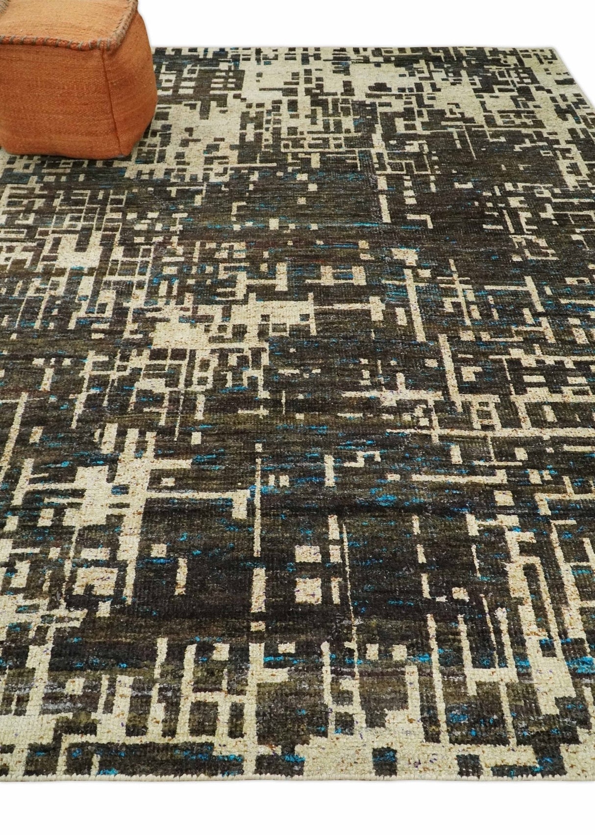 8x10 Hand Knotted Charcoal And Beige Modern Contemporary Recycled Silk Area Rug