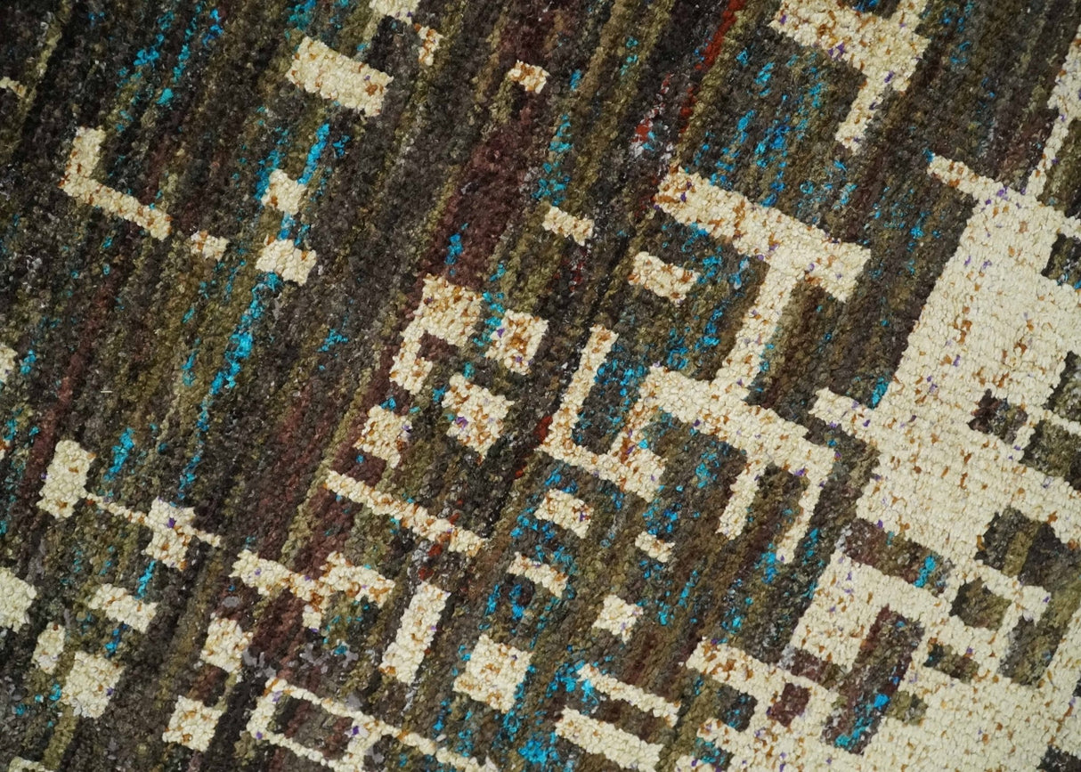 8x10 Hand Knotted Charcoal And Beige Modern Contemporary Recycled Silk Area Rug