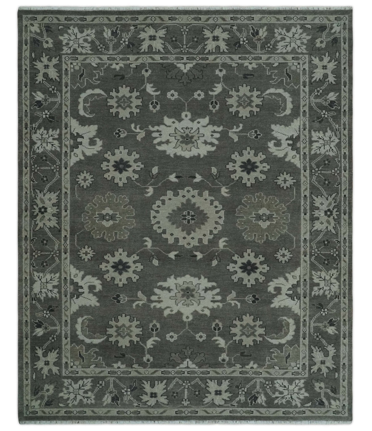 8x10 Hand Knotted Charcoal and Silver Traditional Oushak Wool Rug