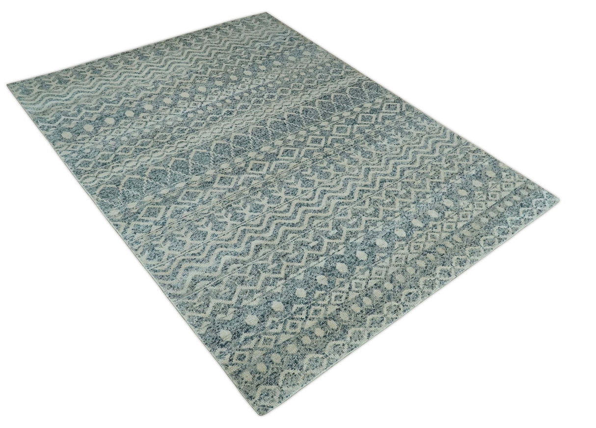8x10 Hand Knotted Ivory and Blue Modern Contemporary Southwestern Tribal Trellis Recycled Silk Area Rug