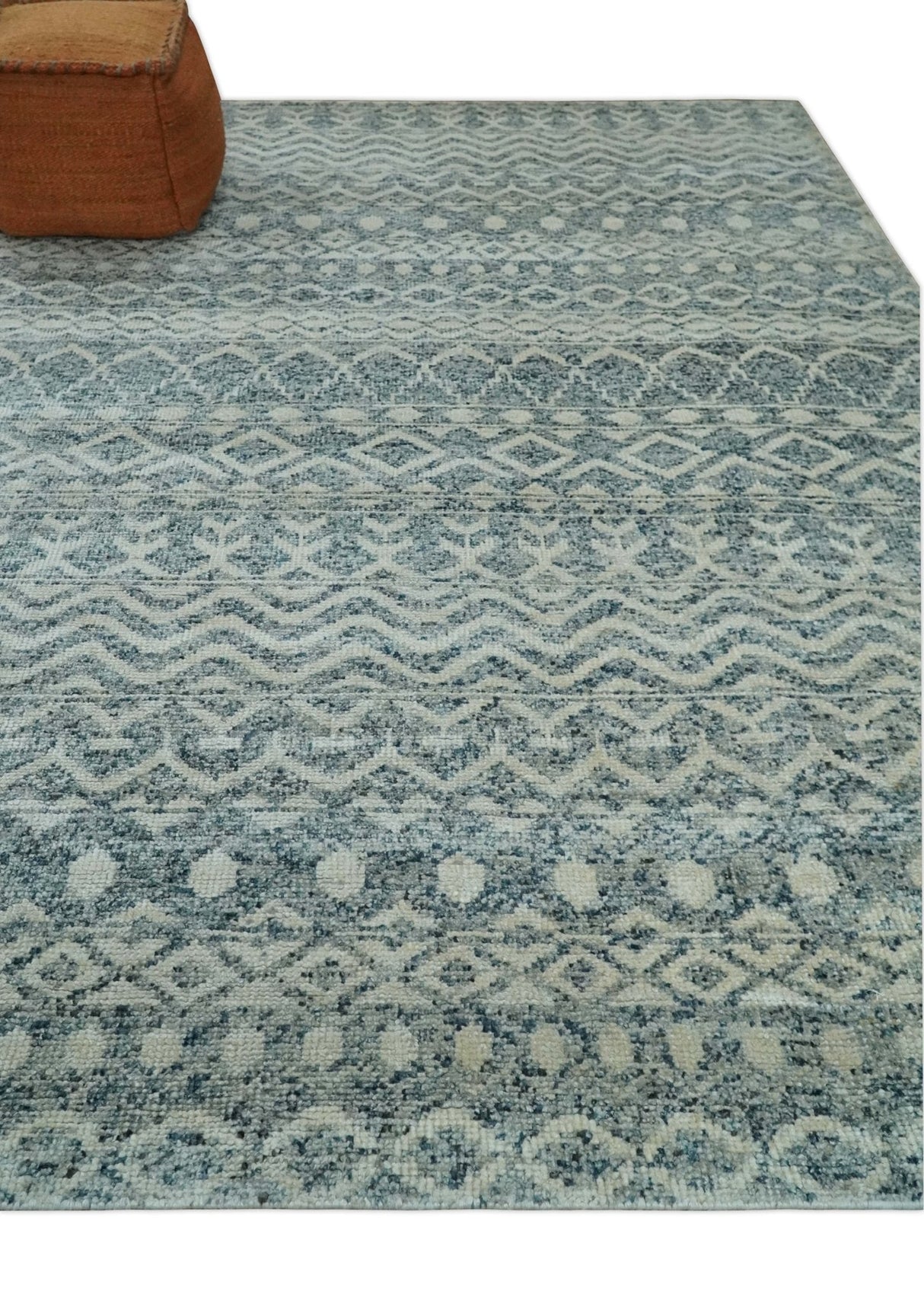 8x10 Hand Knotted Ivory and Blue Modern Contemporary Southwestern Tribal Trellis Recycled Silk Area Rug