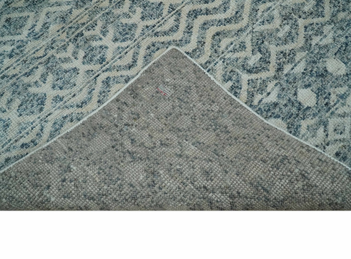 8x10 Hand Knotted Ivory and Blue Modern Contemporary Southwestern Tribal Trellis Recycled Silk Area Rug
