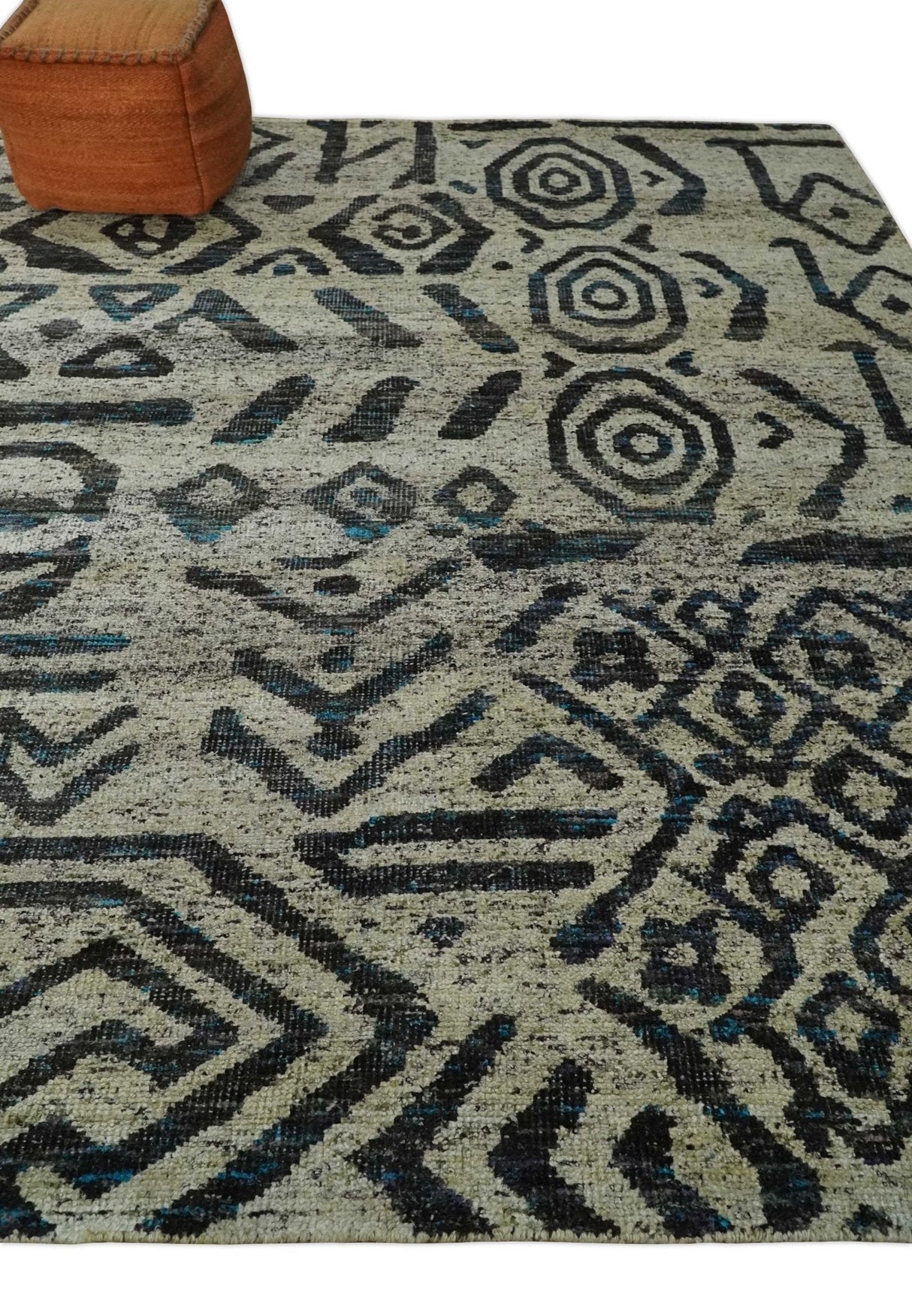 8x10 Hand Knotted Ivory and Charcoal Modern Contemporary Recycled Silk Area Rug