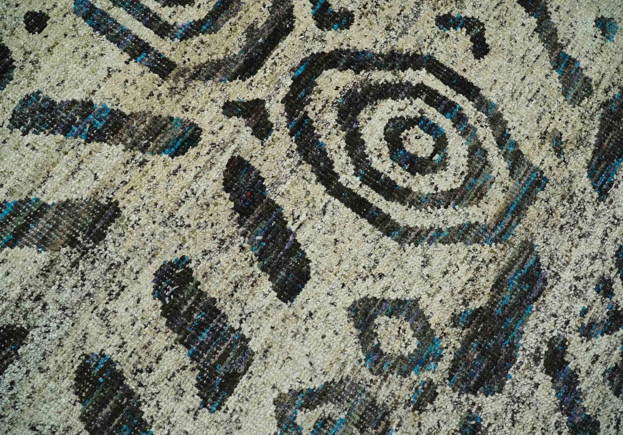 8x10 Hand Knotted Ivory and Charcoal Modern Contemporary Recycled Silk Area Rug
