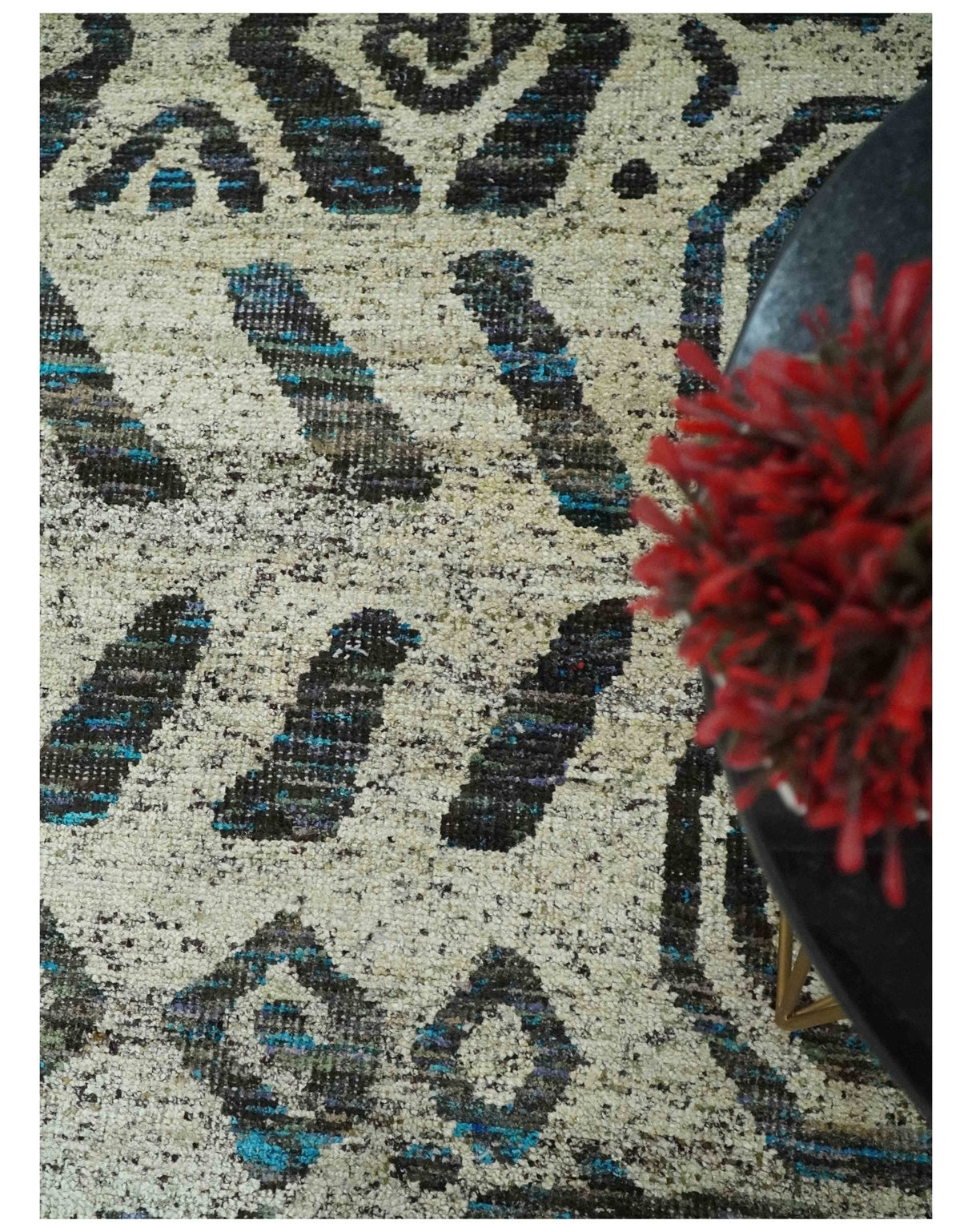 8x10 Hand Knotted Ivory and Charcoal Modern Contemporary Recycled Silk Area Rug