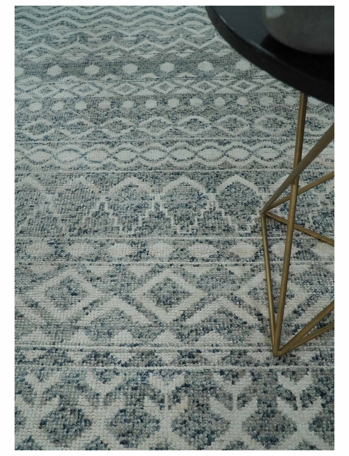8x10 Hand Knotted Ivory, Gray and Blue Modern Contemporary Southwestern Tribal Trellis Recycled Silk Area Rug
