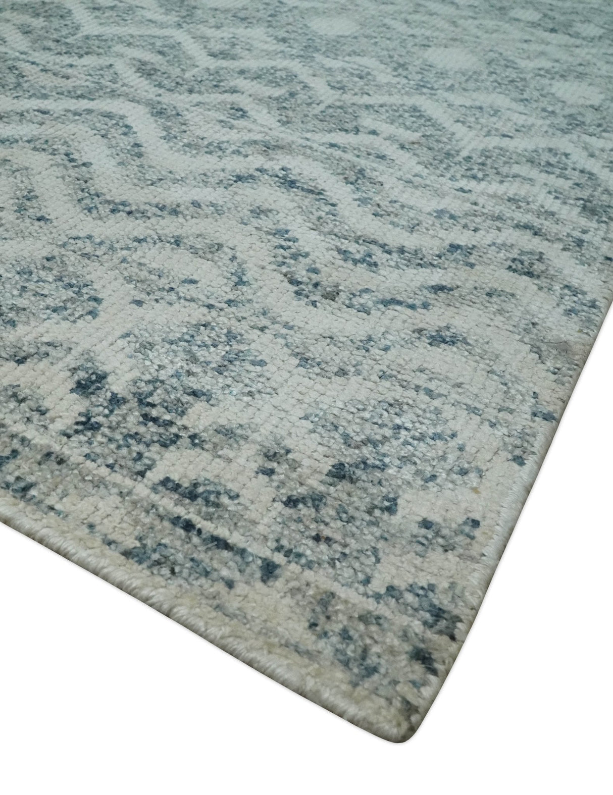 8x10 Hand Knotted Ivory, Gray and Blue Modern Contemporary Southwestern Tribal Trellis Recycled Silk Area Rug
