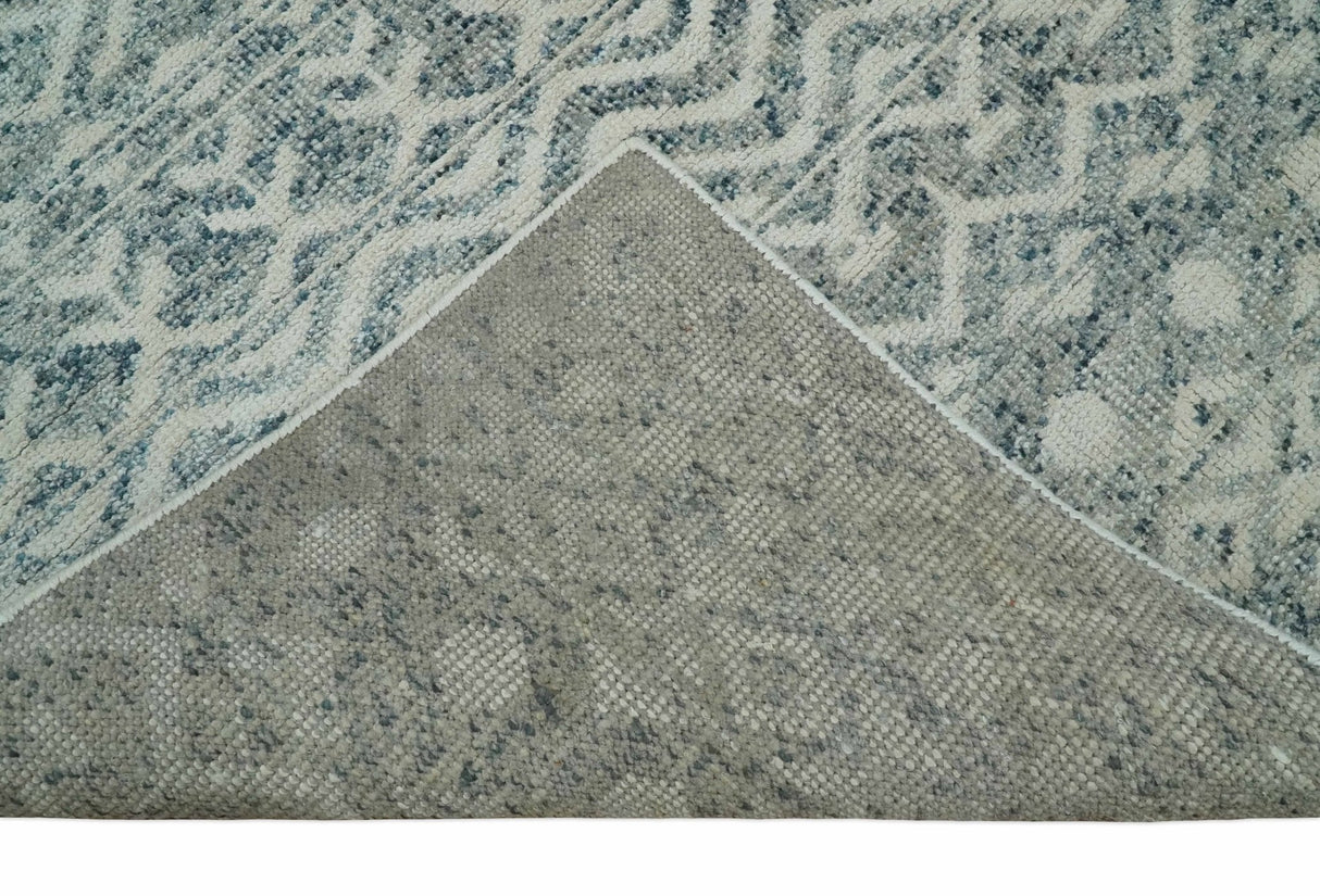 8x10 Hand Knotted Ivory, Gray and Blue Modern Contemporary Southwestern Tribal Trellis Recycled Silk Area Rug
