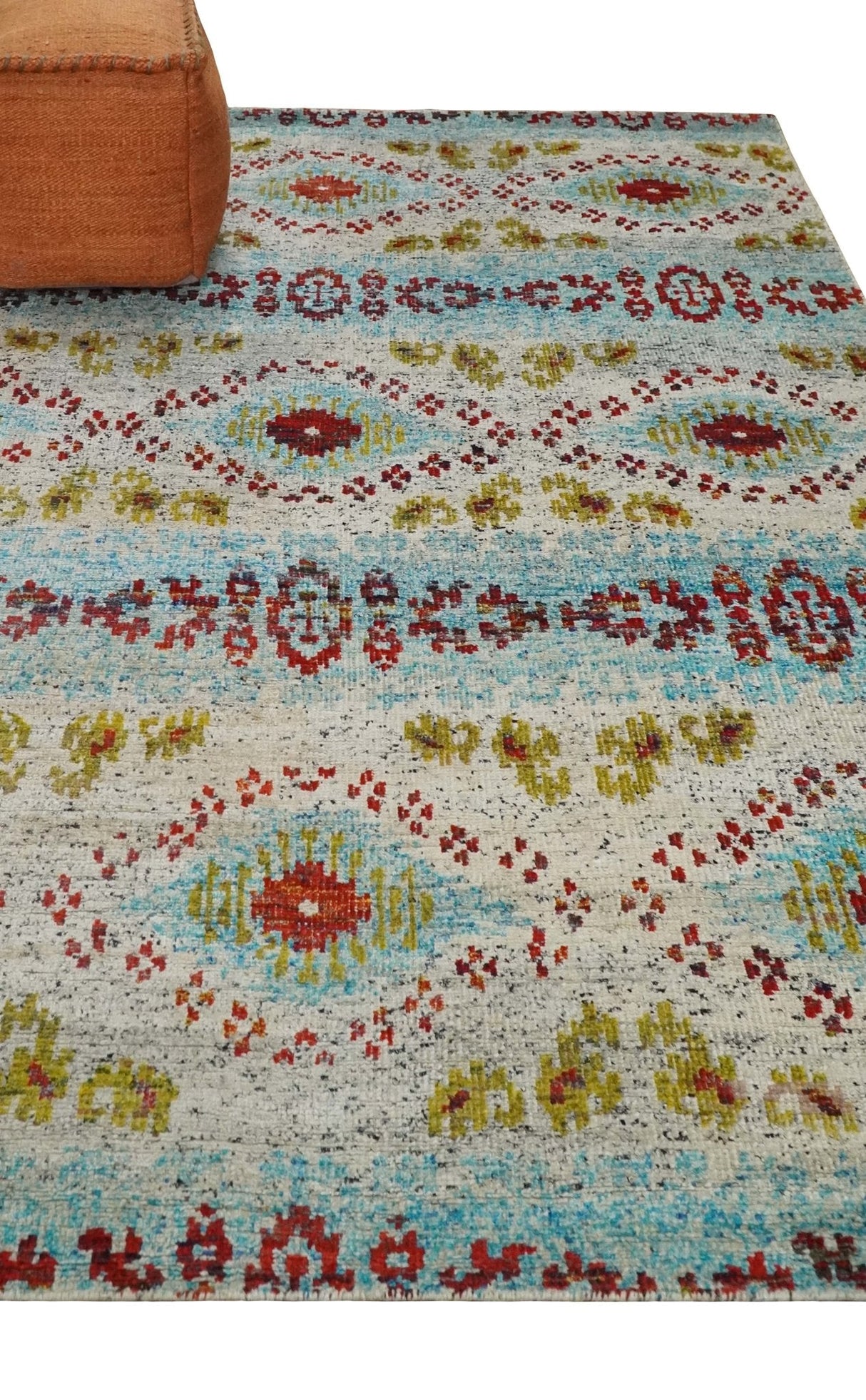 8x10 Hand Knotted Ivory, Red and Blue Persian Recycled Silk Area Rug