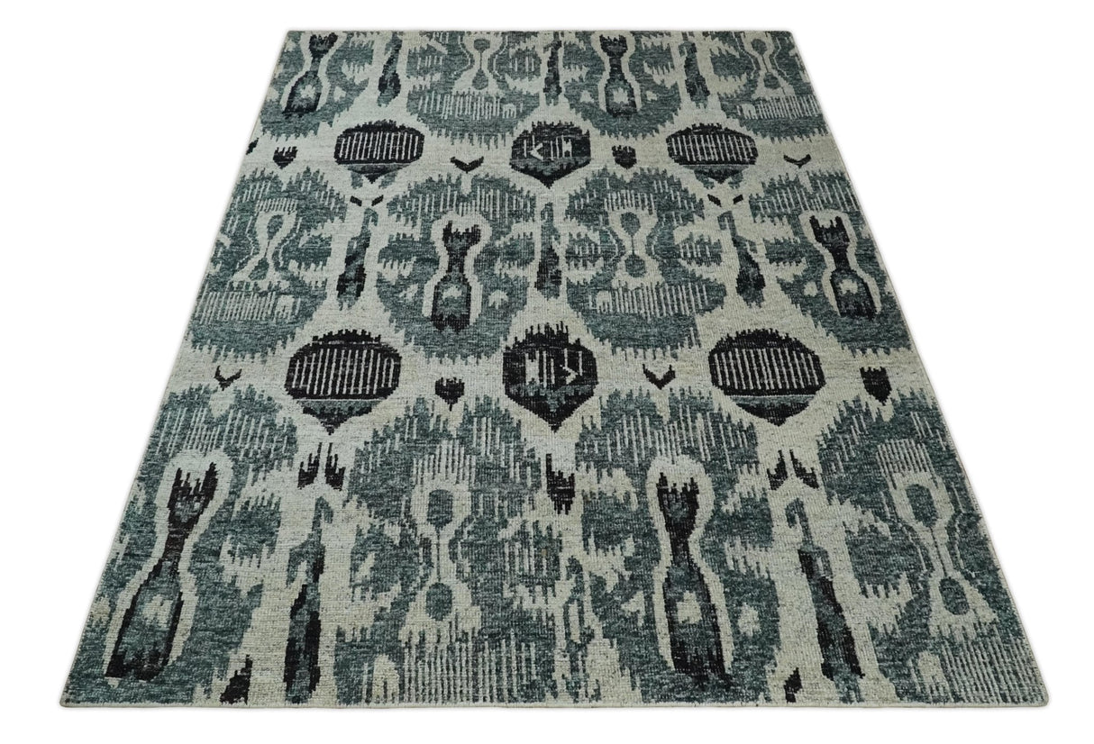 8x10 Hand Knotted Ivory, Teal and Black Contemporary Recycled Silk Area Rug