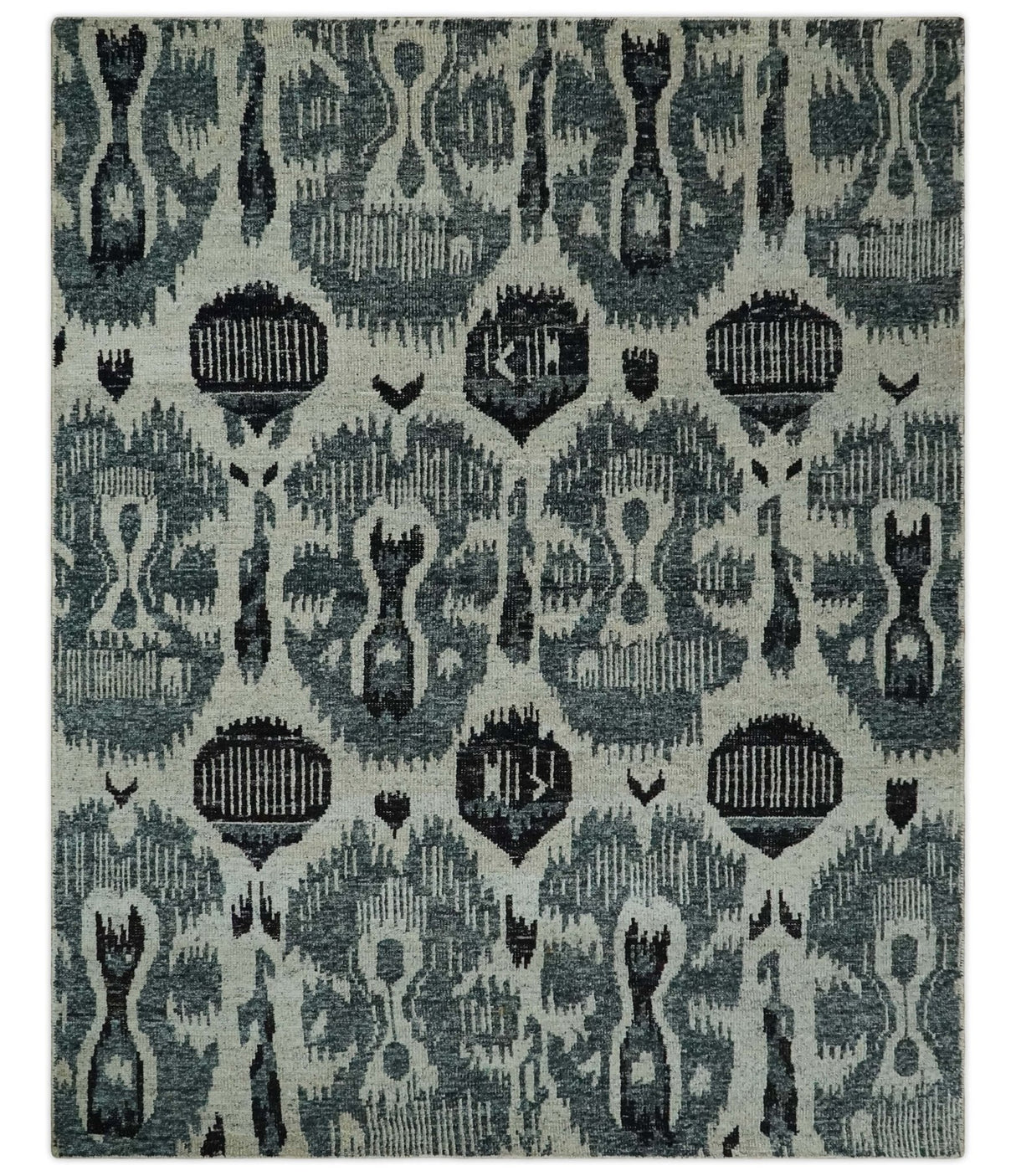 8x10 Hand Knotted Ivory, Teal and Black Contemporary Recycled Silk Area Rug