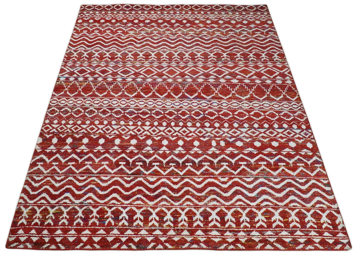 8x10 Hand Knotted Maroon and White Modern Contemporary Southwestern Recycled Silk Area Rug