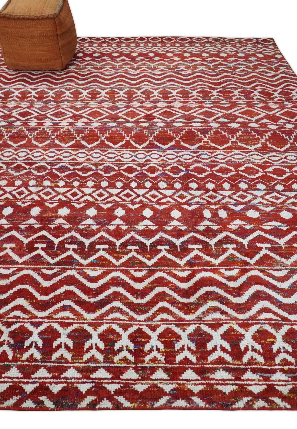 8x10 Hand Knotted Maroon and White Modern Contemporary Southwestern Recycled Silk Area Rug