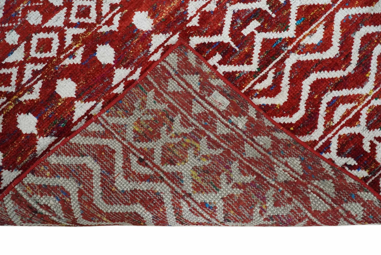 8x10 Hand Knotted Maroon and White Modern Contemporary Southwestern Recycled Silk Area Rug