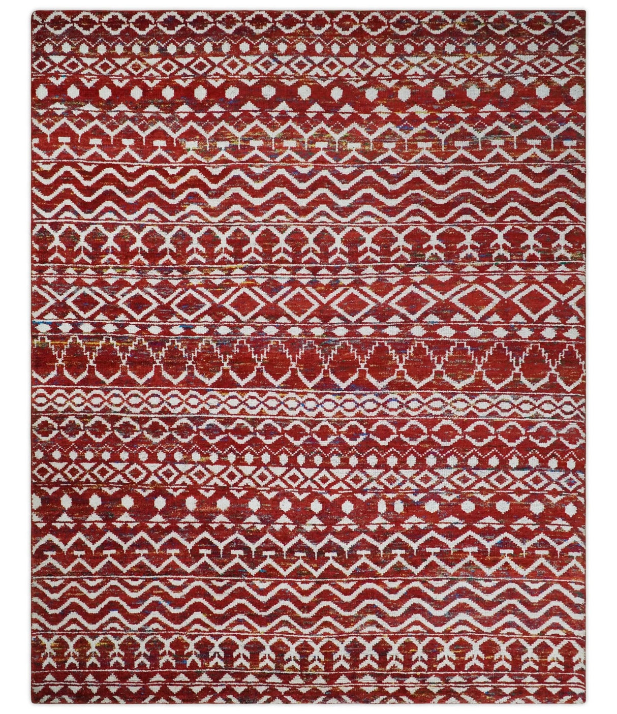 8x10 Hand Knotted Maroon and White Modern Contemporary Southwestern Recycled Silk Area Rug