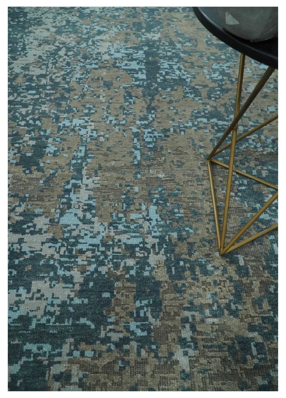 8x10 Hand Knotted Modern Abstract Blue and Brown Low Pile Wool Rug