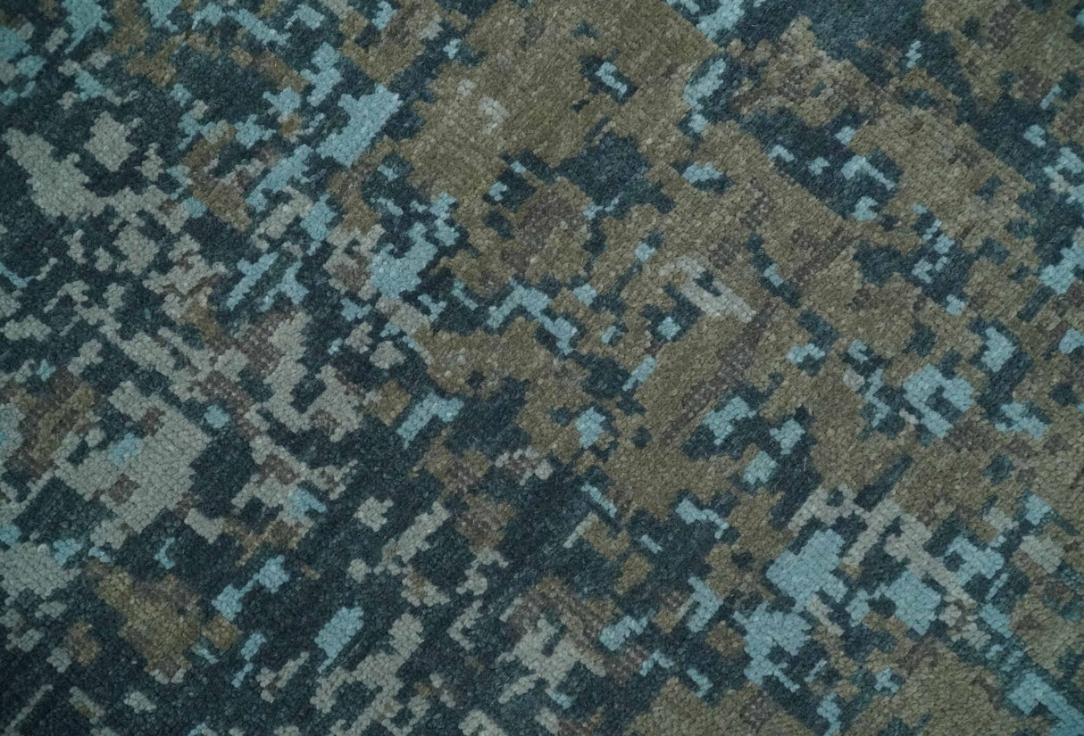 8x10 Hand Knotted Modern Abstract Blue and Brown Low Pile Wool Rug