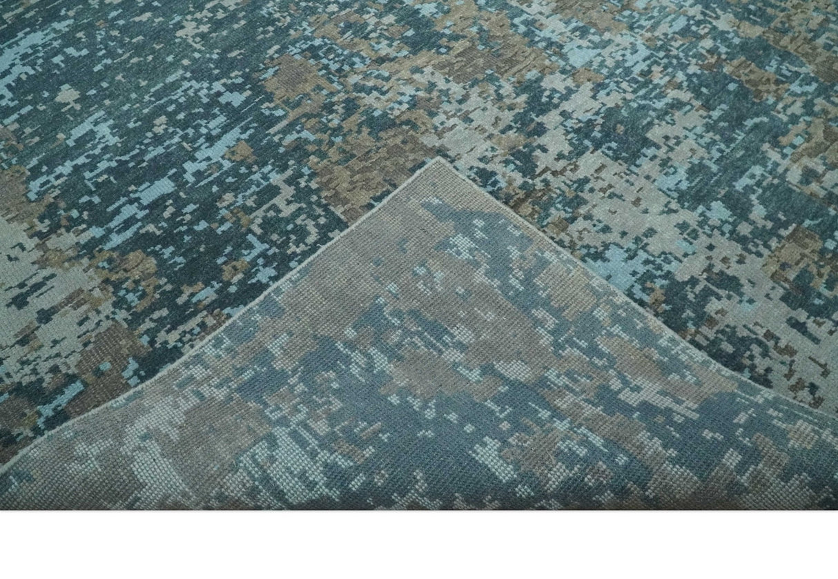 8x10 Hand Knotted Modern Abstract Blue and Brown Low Pile Wool Rug