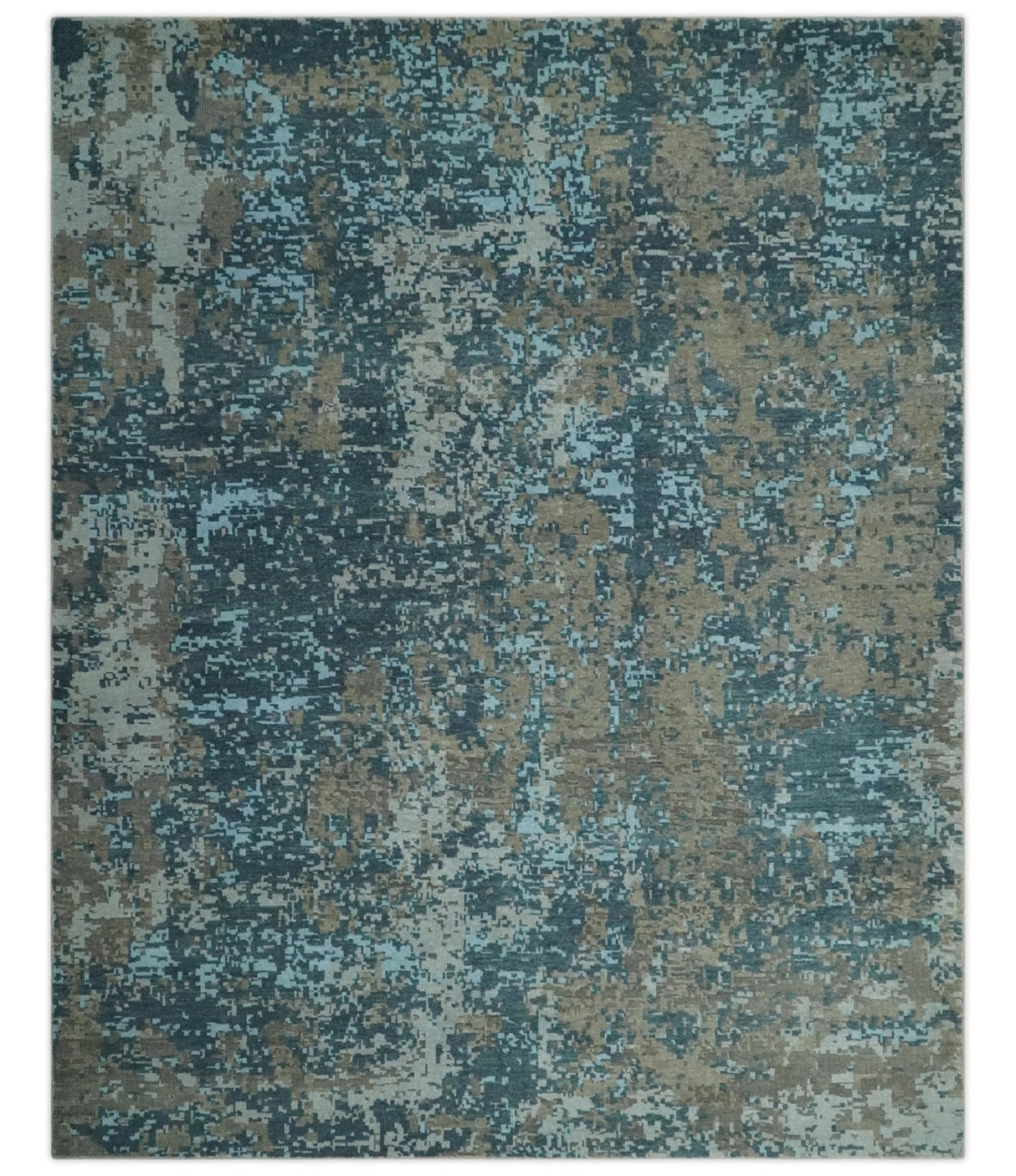 8x10 Hand Knotted Modern Abstract Blue and Brown Low Pile Wool Rug