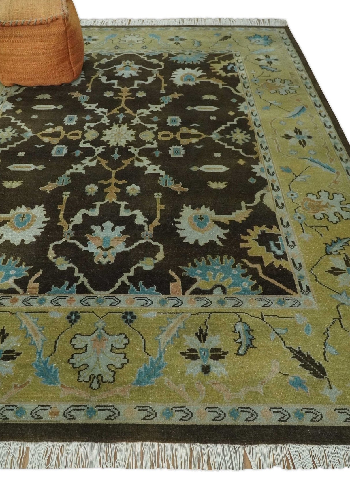 8x10 Hand Knotted Olive and Green Traditional Persian Oushak Wool Rug