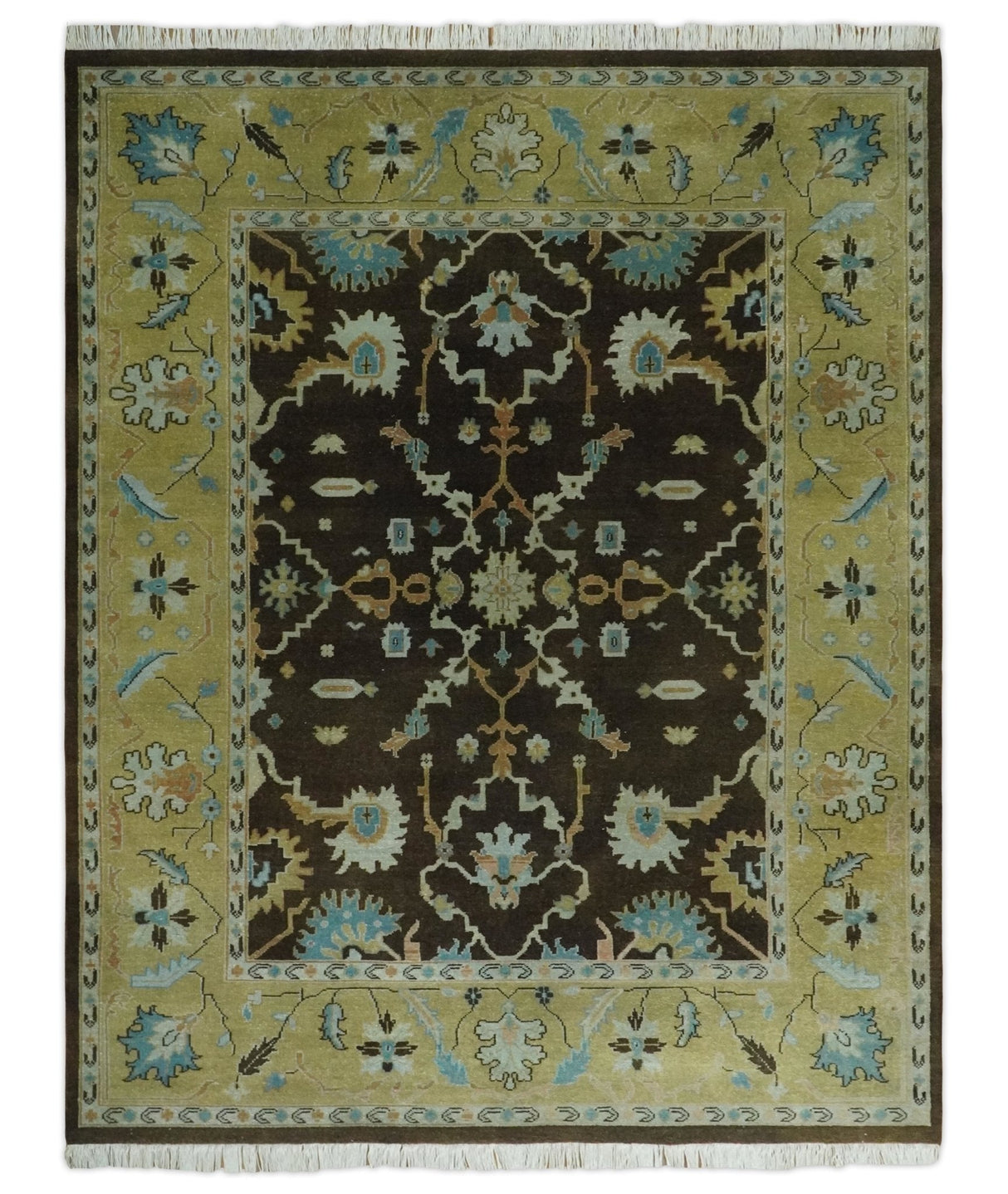 8x10 Hand Knotted Olive and Green Traditional Persian Oushak Wool Rug