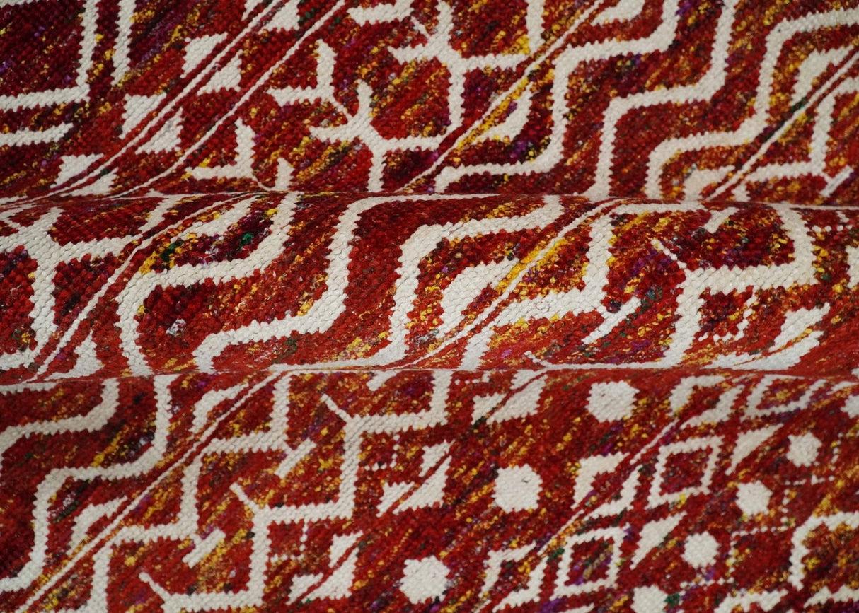 8x10 Hand Knotted Red and White Modern Contemporary Southwestern Tribal Trellis Recycled Silk Area Rug