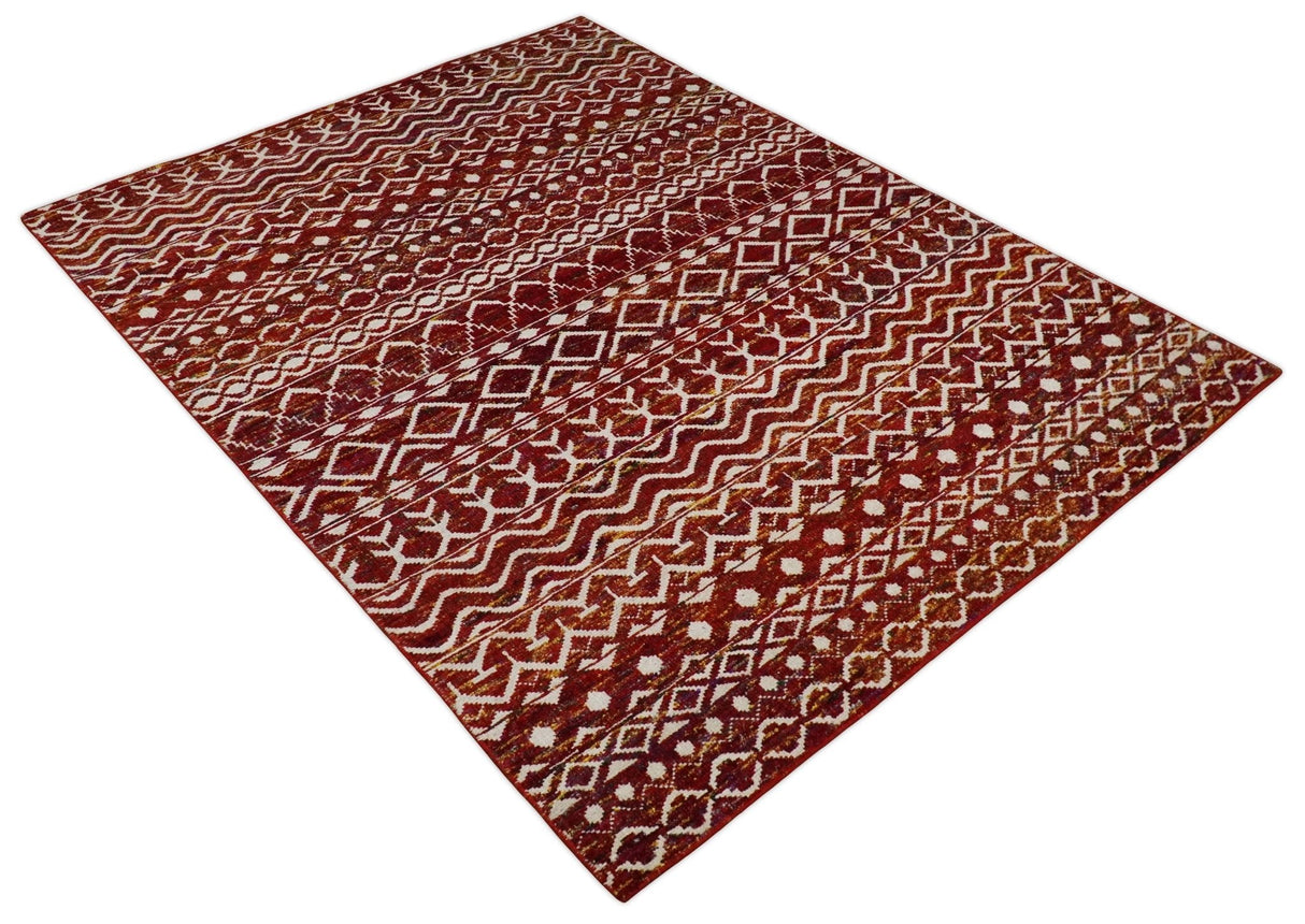 8x10 Hand Knotted Rust, Gold and White Modern Contemporary Southwestern Tribal Trellis Recycled Silk Area Rug
