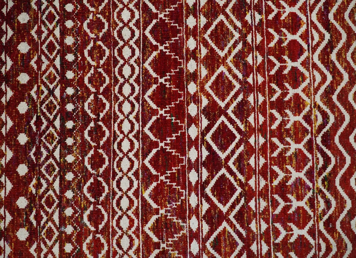 8x10 Hand Knotted Rust, Gold and White Modern Contemporary Southwestern Tribal Trellis Recycled Silk Area Rug