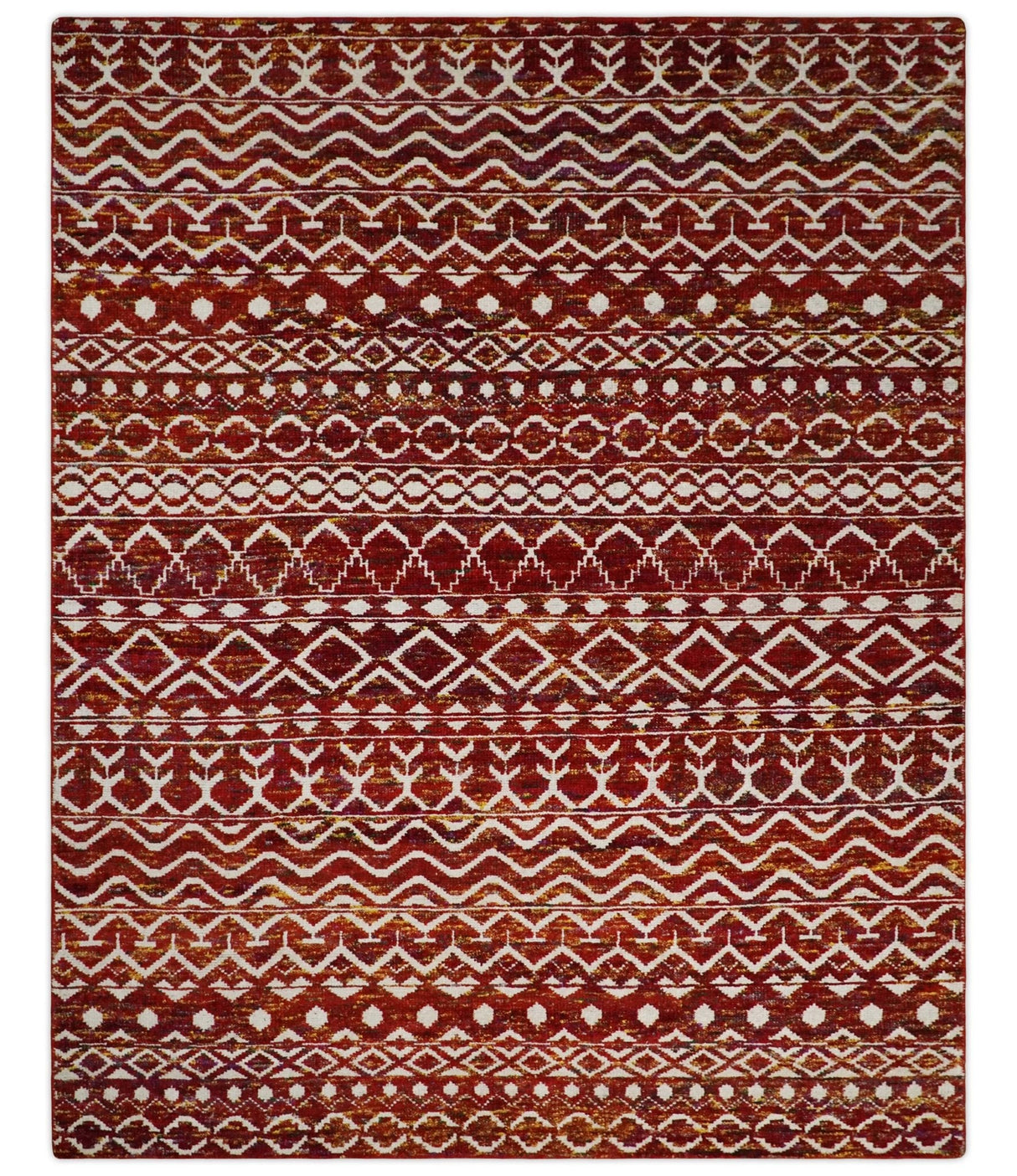 8x10 Hand Knotted Rust, Gold and White Modern Contemporary Southwestern Tribal Trellis Recycled Silk Area Rug