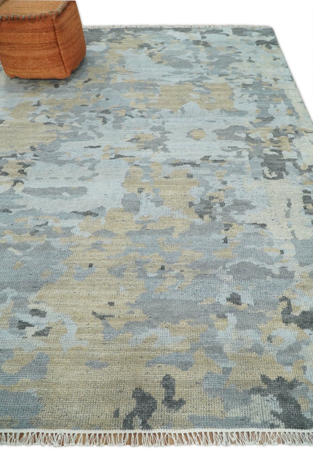 8x10 Hand Knotted Silver and Beige Modern Abstract Low Pile Wool Rug