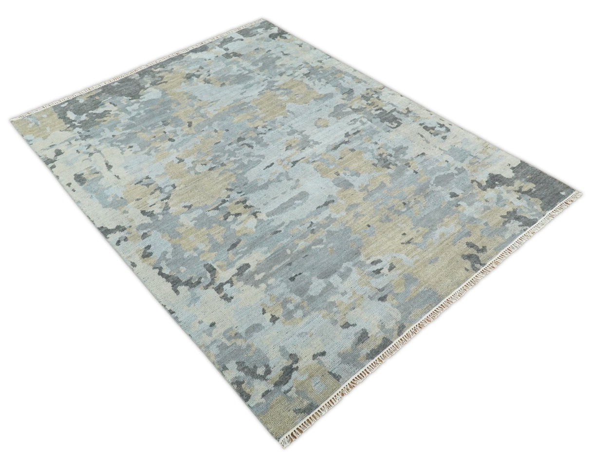 8x10 Hand Knotted Silver and Beige Modern Abstract Low Pile Wool Rug