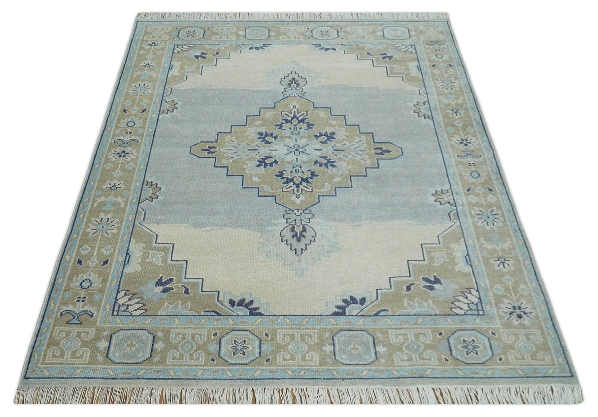 8x10 Hand Knotted Traditional Serapi Blue And Beige Wool Area Rug