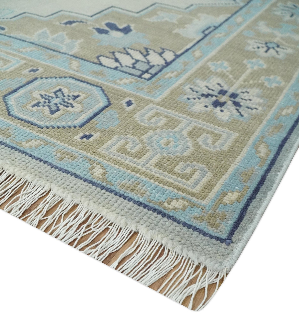 8x10 Hand Knotted Traditional Serapi Blue And Beige Wool Area Rug