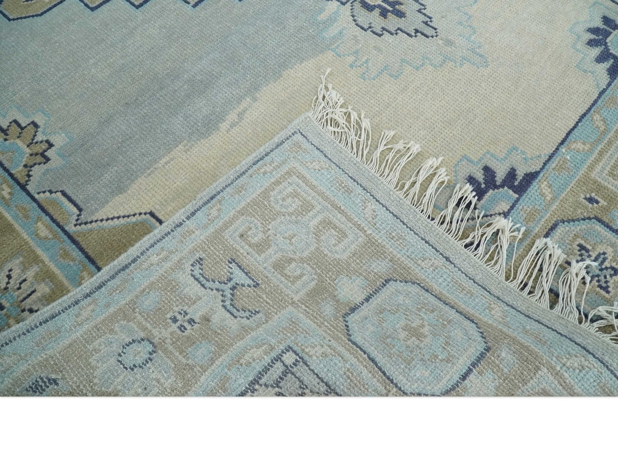 8x10 Hand Knotted Traditional Serapi Blue And Beige Wool Area Rug