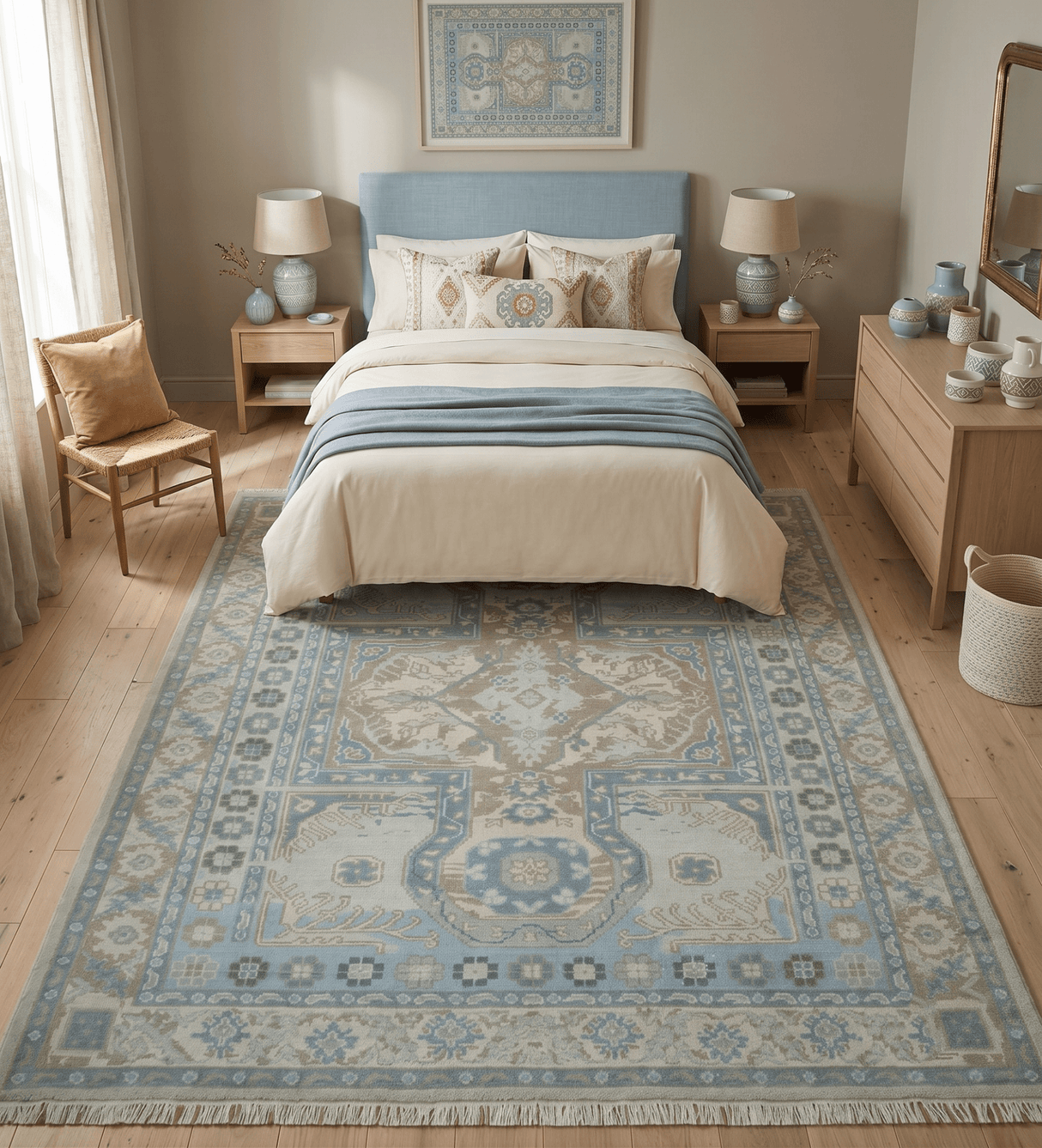 8x10 Hand Knotted Traditional Turkish Blue And Beige Low Pile Area Rug