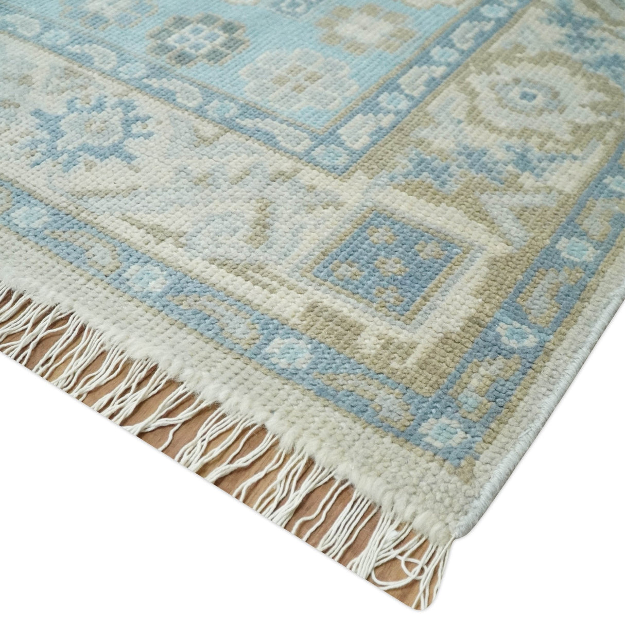 8x10 Hand Knotted Traditional Turkish Blue And Beige Low Pile Area Rug
