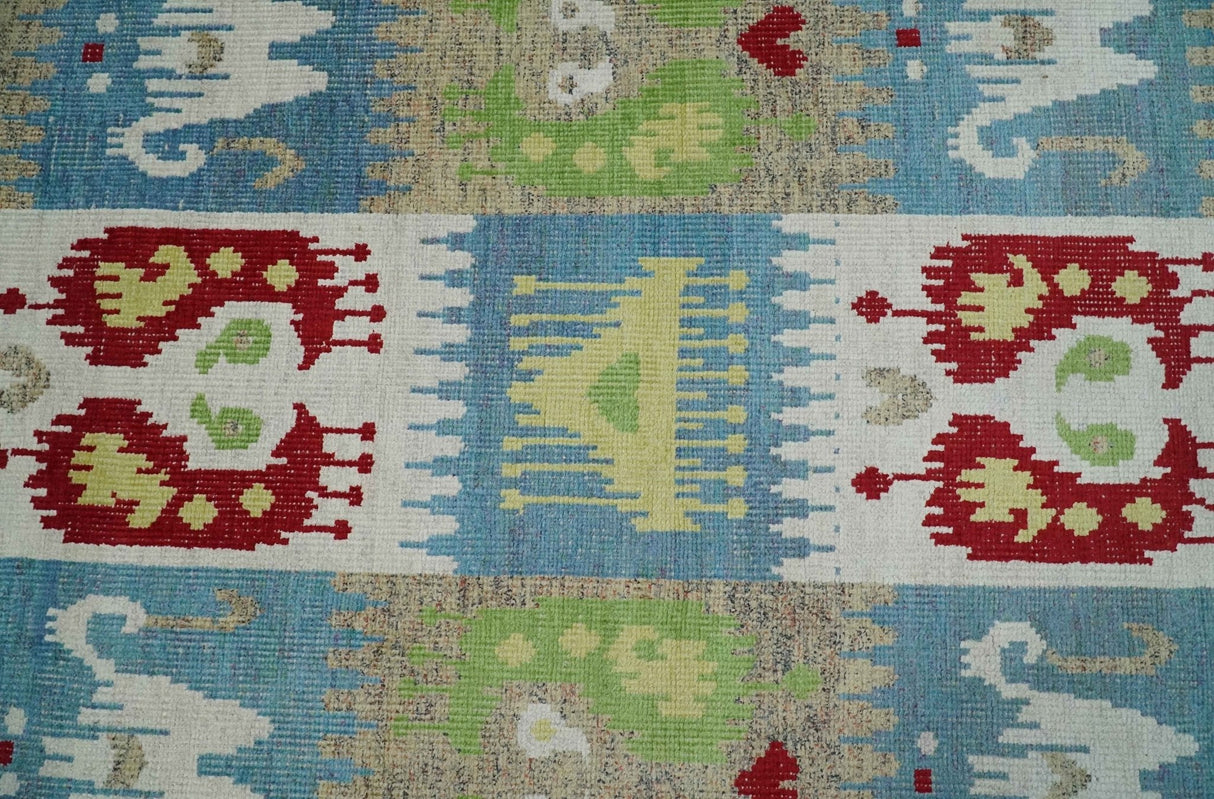 8x10 Hand Knotted White, Blue and Rust Modern Tribal Style Recycled Silk Area Rug