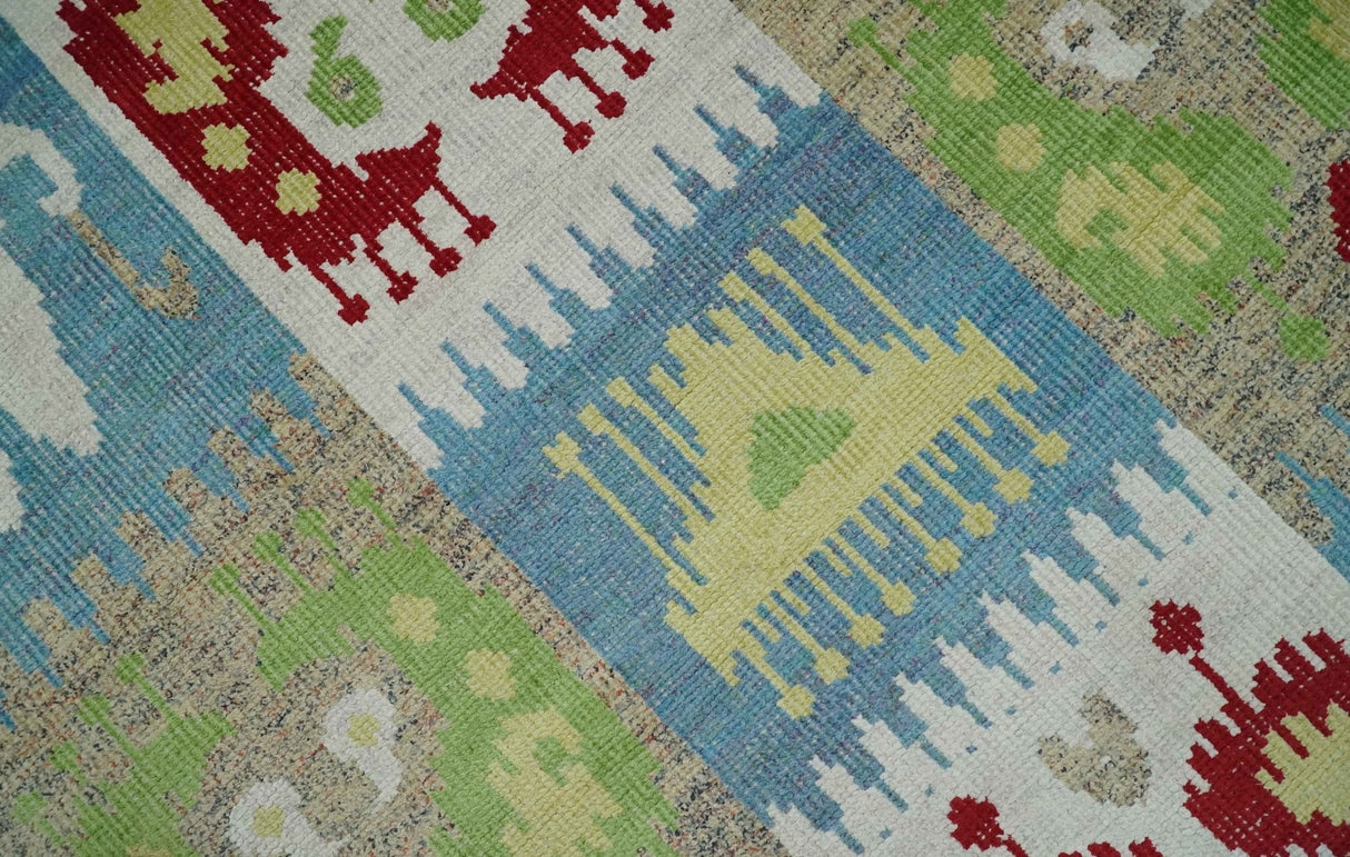 8x10 Hand Knotted White, Blue and Rust Modern Tribal Style Recycled Silk Area Rug