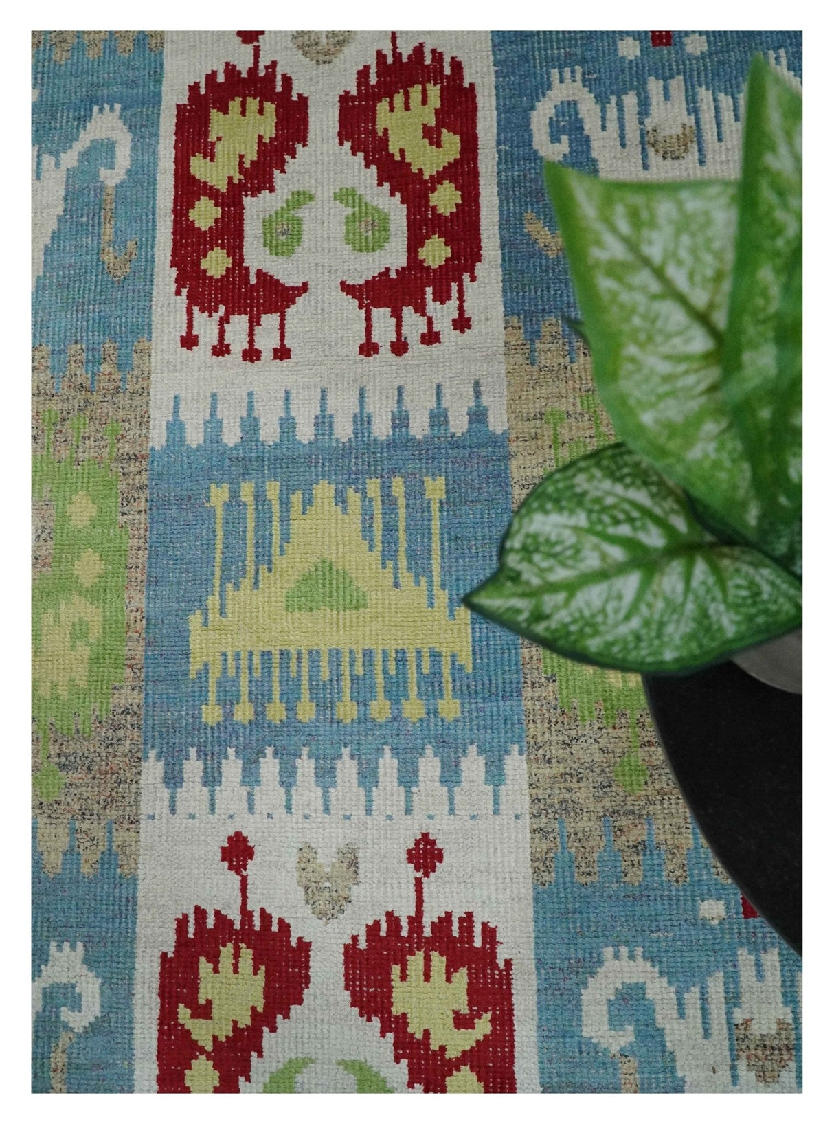 8x10 Hand Knotted White, Blue and Rust Modern Tribal Style Recycled Silk Area Rug