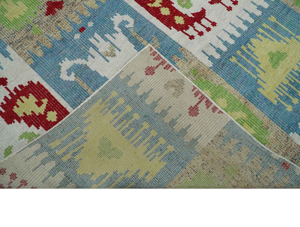 8x10 Hand Knotted White, Blue and Rust Modern Tribal Style Recycled Silk Area Rug