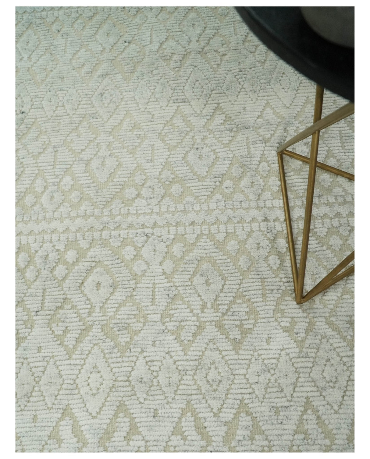8x10 Hand Knotted Woolen Modern Contemporary Beige and Ivory Tribal Area Rug