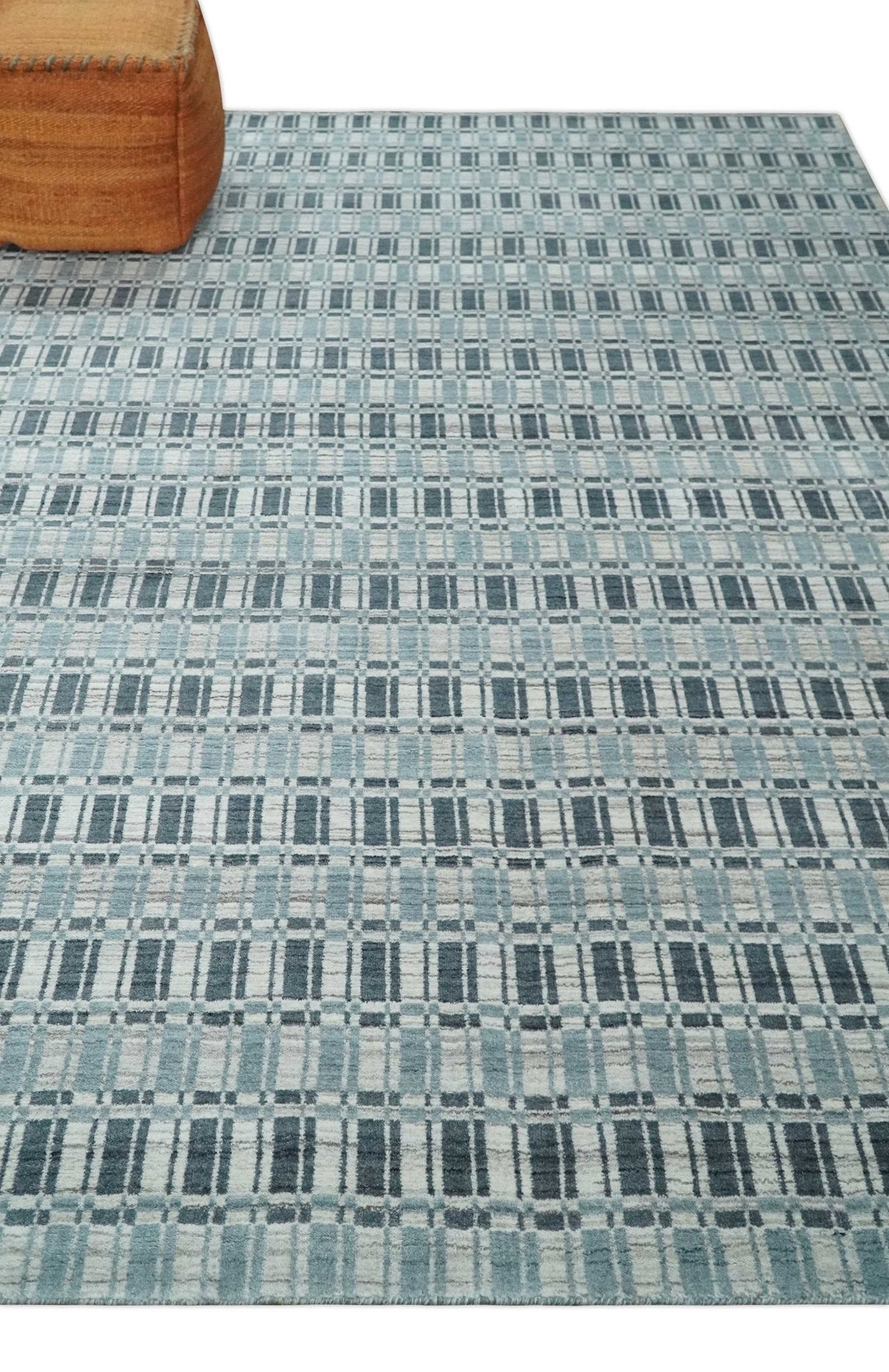 8x10 Hand Made Checkered Beige, Blue and Charcoal Blended Wool Area Rug