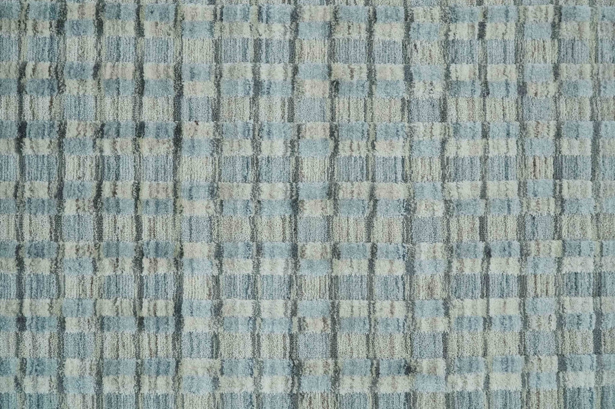 8x10 Hand Made Checkered Blue and Ivory Blended Wool Area Rug
