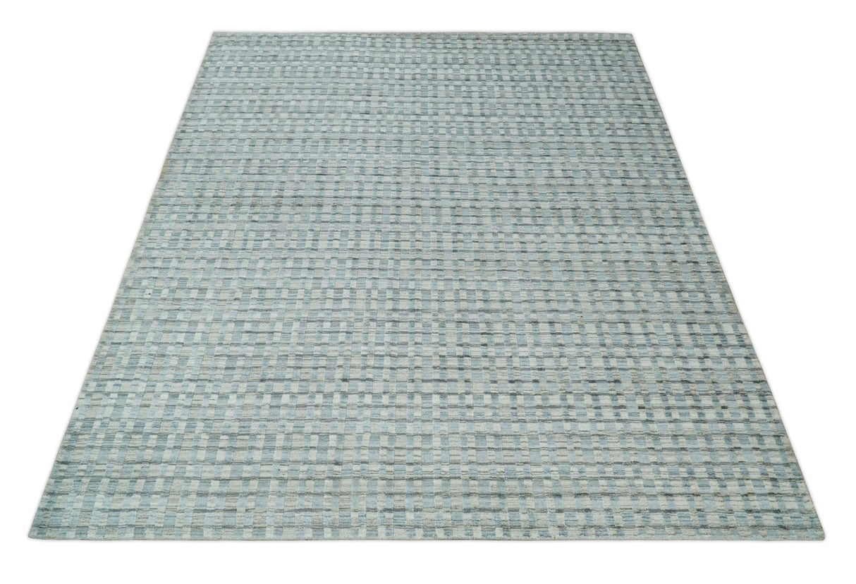 8x10 Hand Made Checkered Blue and Ivory Blended Wool Area Rug